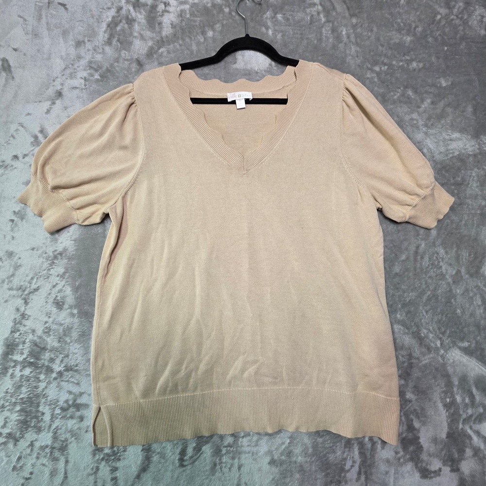 Belle by Kim Gravel Tan Scalloped V-Neck Puff Sleeve Knit Sweater Top XL